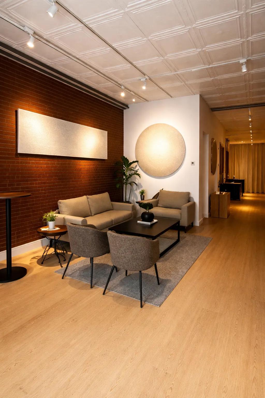 Living room corner with lounge seating and a round light