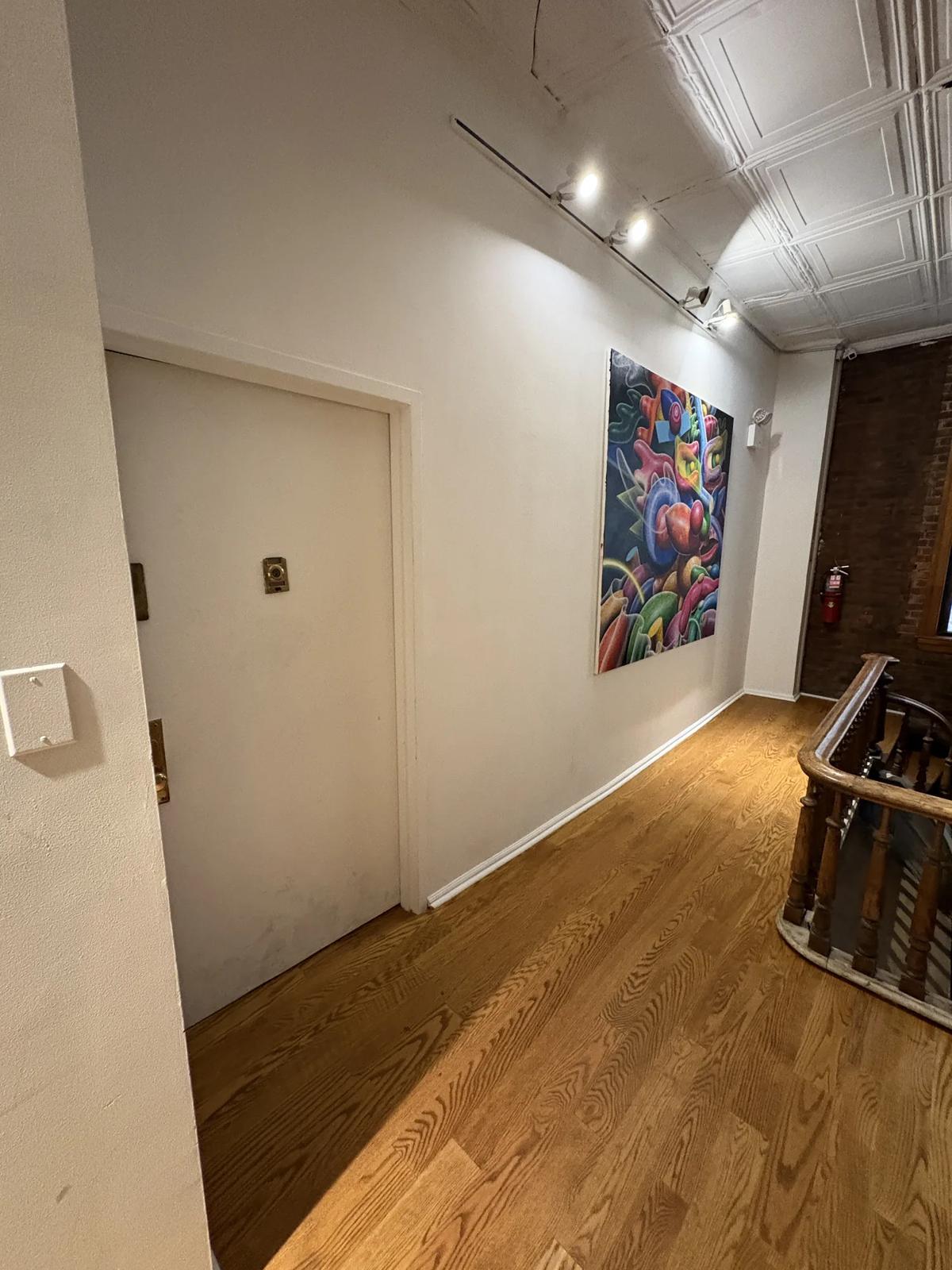 Landing hallway with a pressed tin ceiling and track lighting